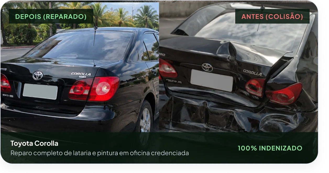 Toyota Corolla antes da colisão e depois do reparo, 100% indenizado