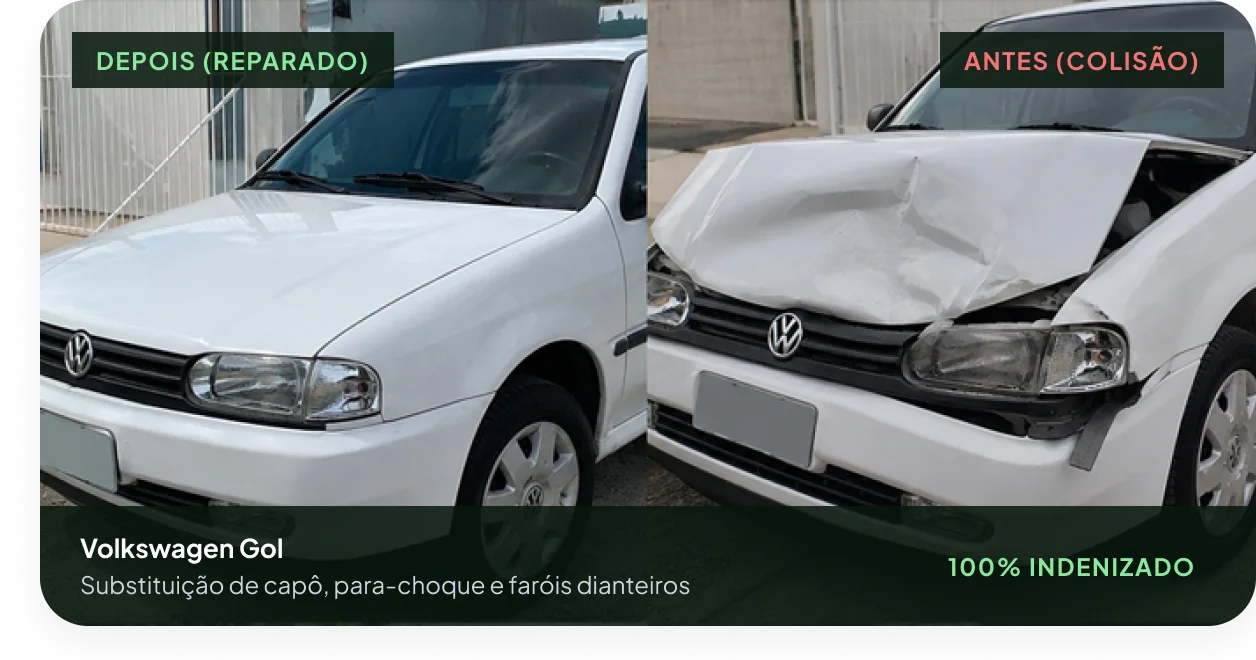 Volkswagen Gol antes da colisão e depois do reparo, 100% indenizado